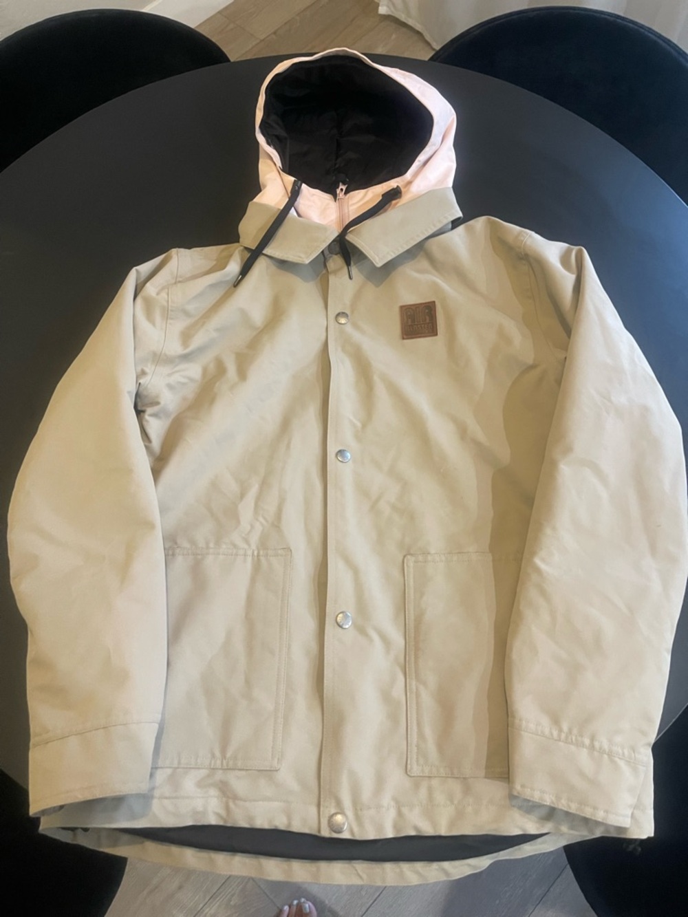 AIRBLASTER: WORK JACKET Beige (Chinchilla) Hooded Snow Jacket with Pink Hood